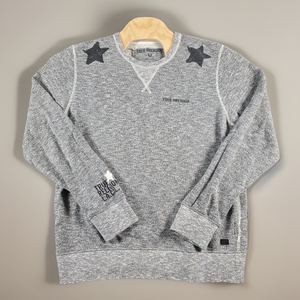 True Religion Pullover Mens Gray Long Sleeve Crew Neck Sweatshirt XL Spell Out